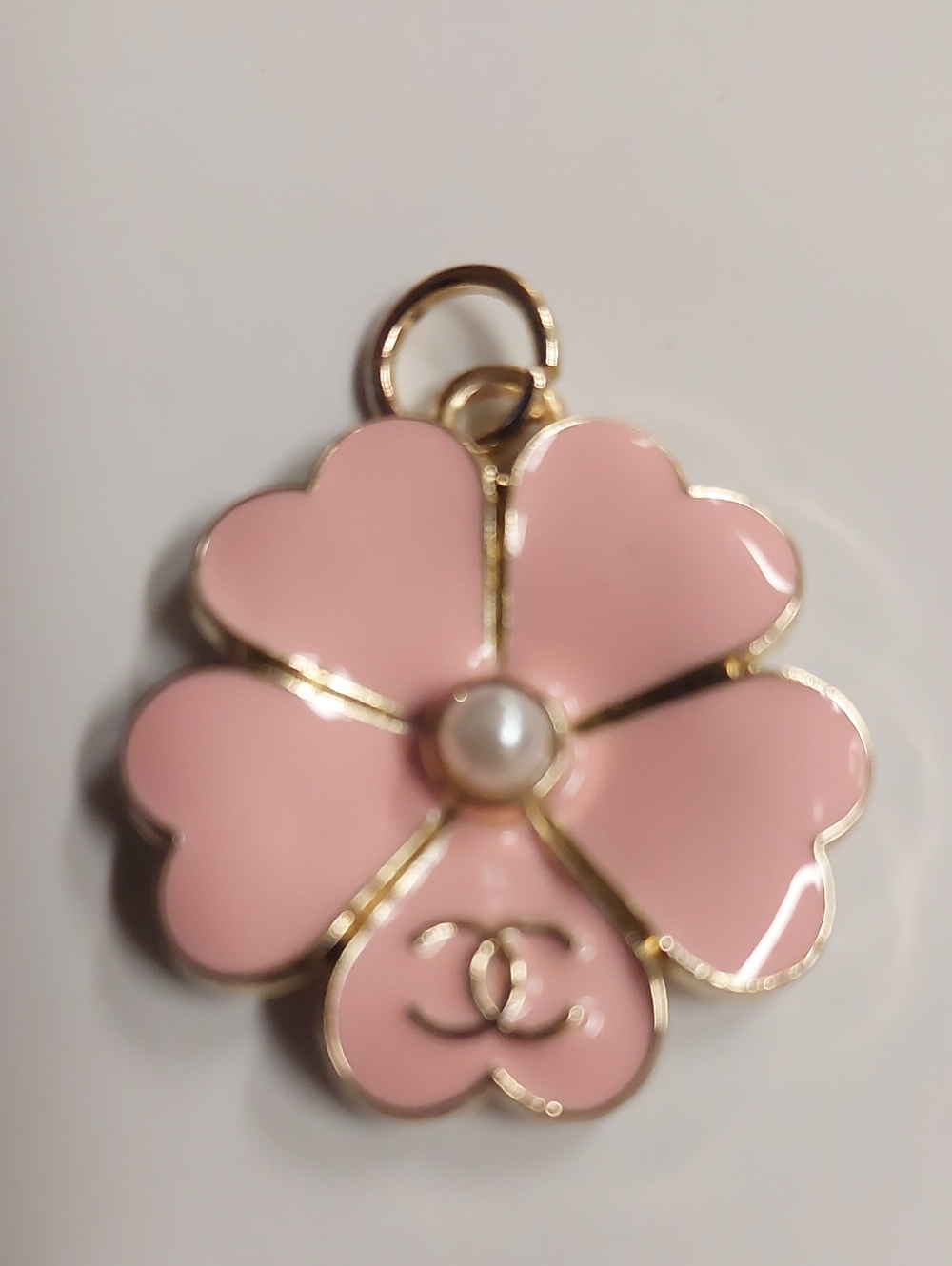CC Pink Enamel Four-Leaf Clover Pendant with Pearl Accent